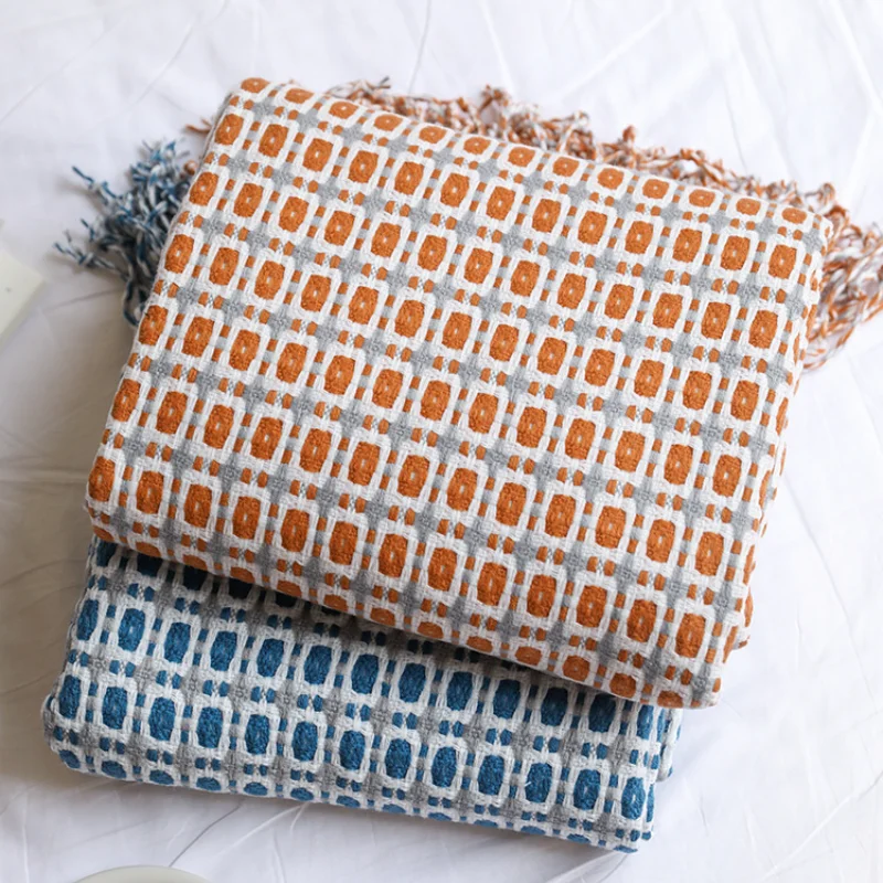 Boho Throw Blanket Fringe - Selimut Rajut Jacquard Bermotif Geometris, Selimut