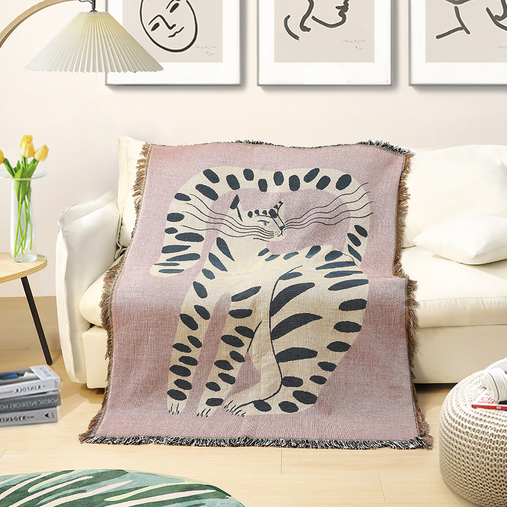 Boho Throw Blanket Fringe - Selimut Rajut Abstrak Motif Kucing Boho,
