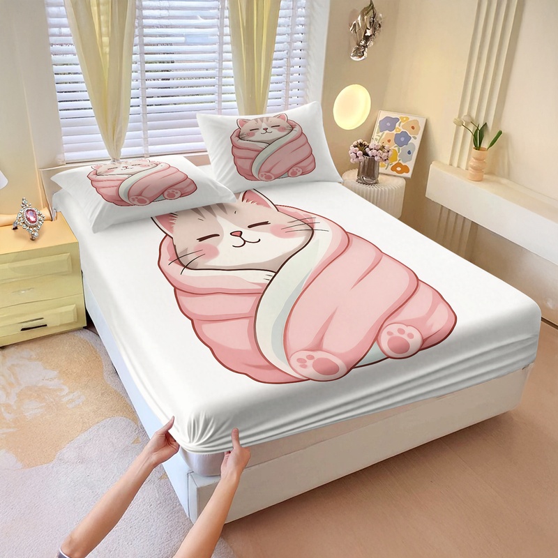 Set Sprei Motif Kucing Lucu, S - Fitted Bed Sheets Deep Pocket ulasan dan harga