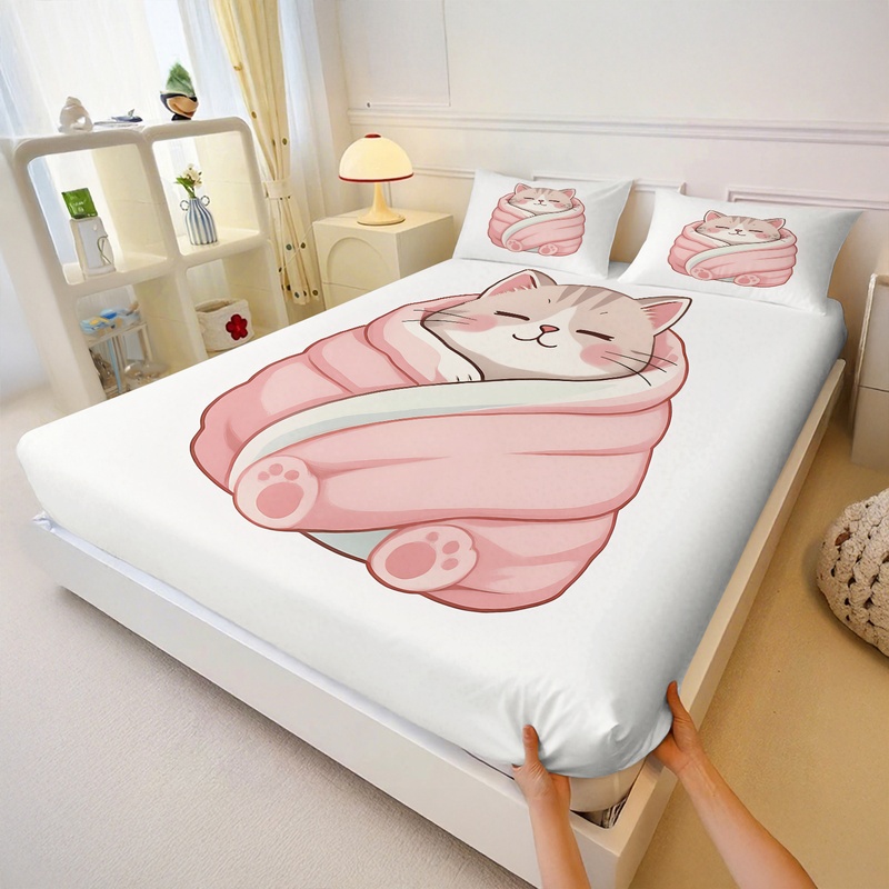Set Sprei Motif Kucing Lucu, S - Fitted Bed Sheets Deep Pocket ulasan dan harga